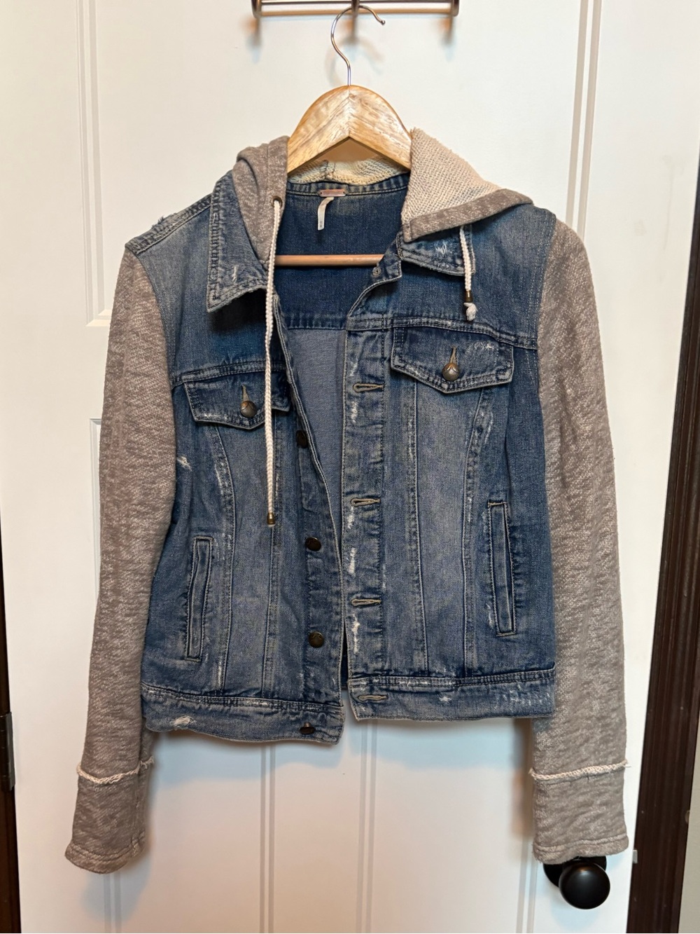 Free People We the Free Throwback Mixed Media Denim Sweatshirt Hooded Jacket Med